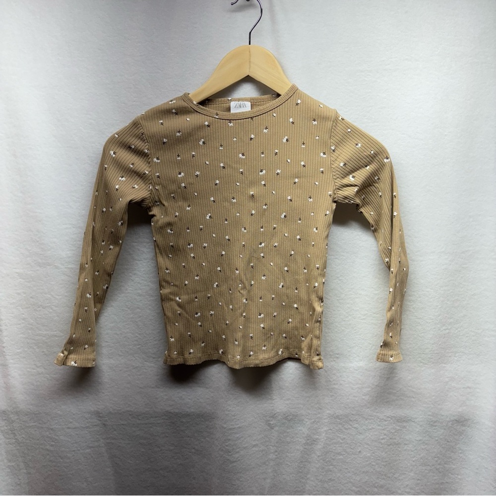 NWOT Zara Girls Long Sleeve Floral Crewneck Ribbed Top in‎ Beige Sz 8
